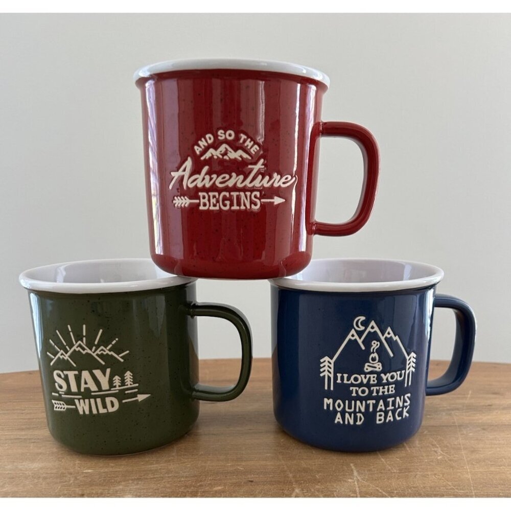 3- Member's Mark Ceramic Coffee Mugs 16 oz Stay Wild Adventure Camping Outdoors